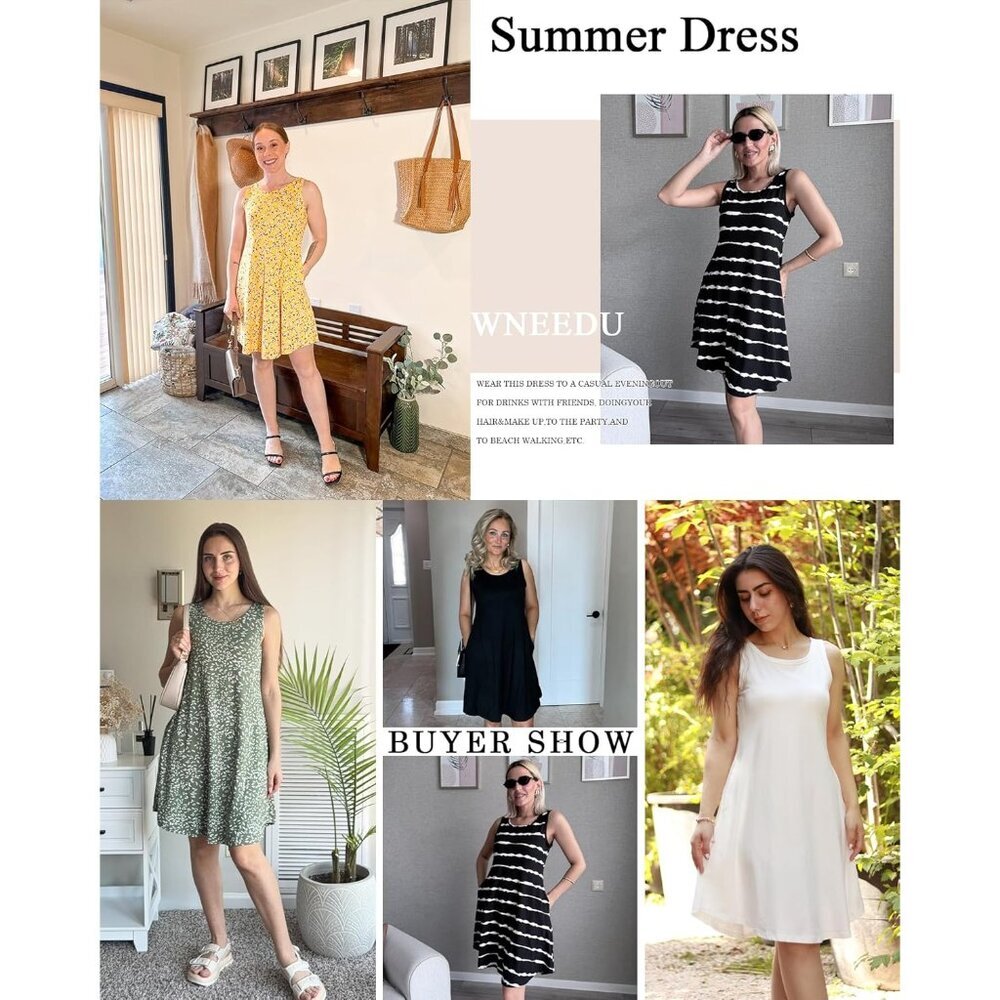 Women's Blue White Sleeveless Crew Neck Summer Boho Beach Dress with Pocket - Picture 6 of 6